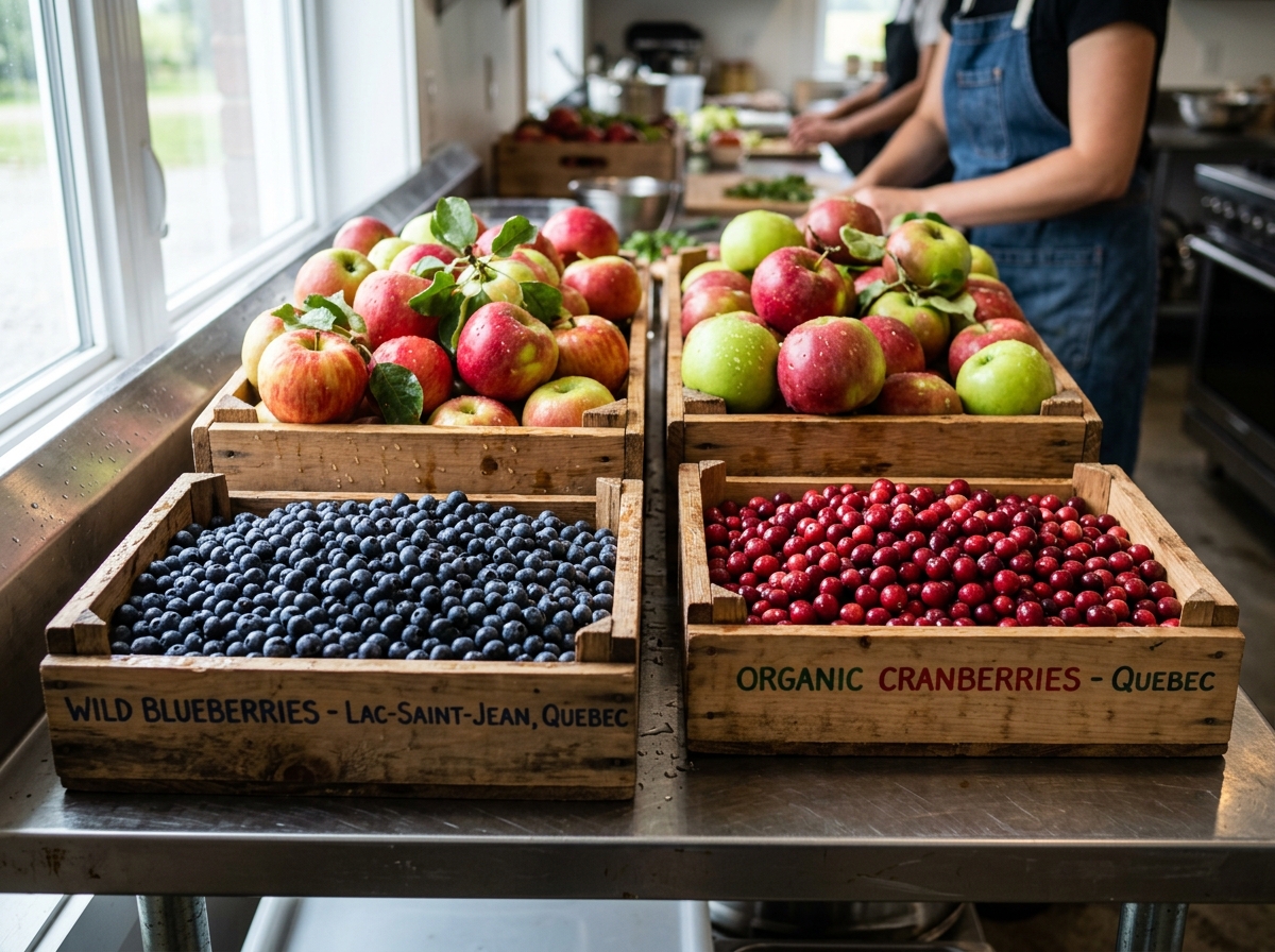 Bleuets sauvages et canneberges du Québec dans des caisses en bois