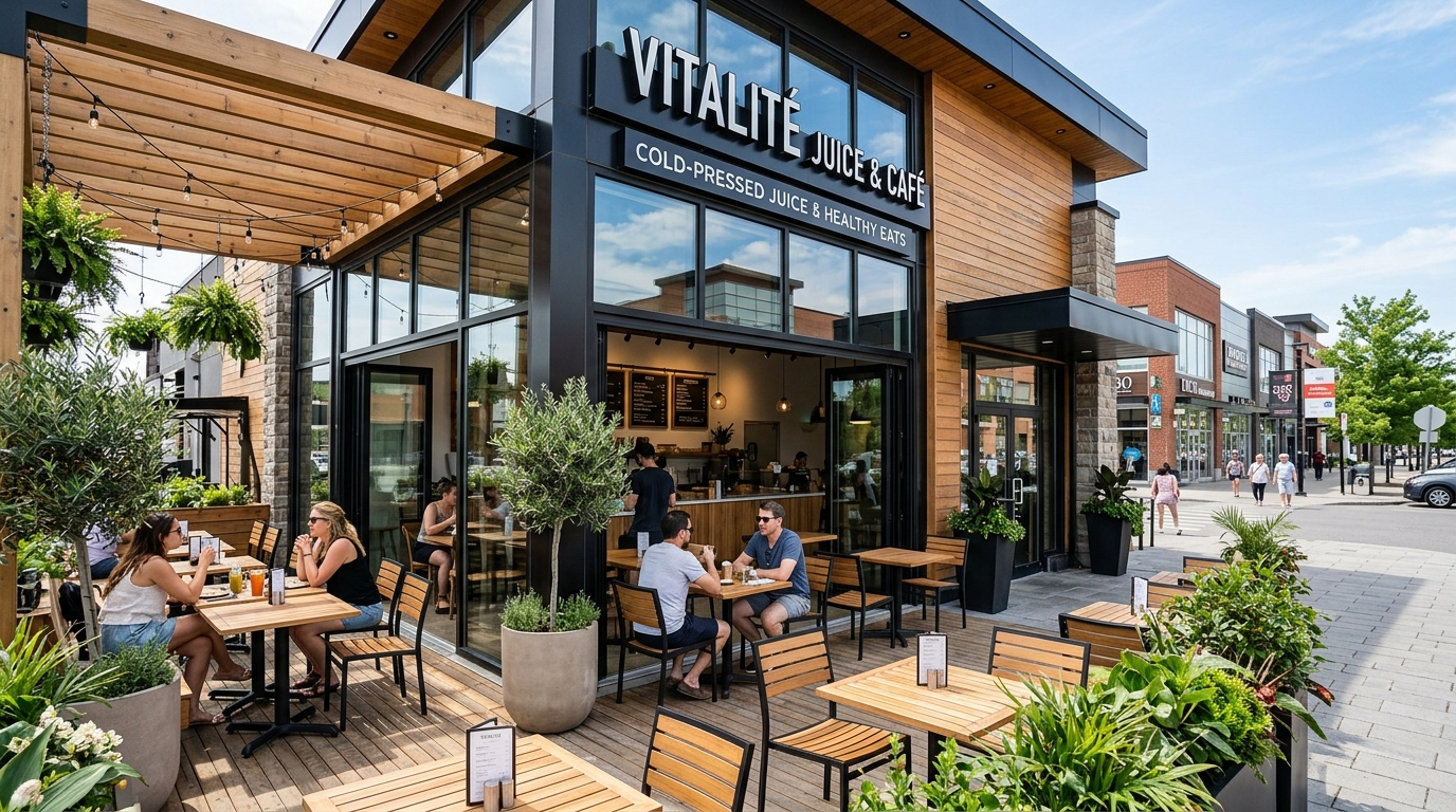 Façade du bar à jus Bendigo Boost au Quartier DIX30 Brossard